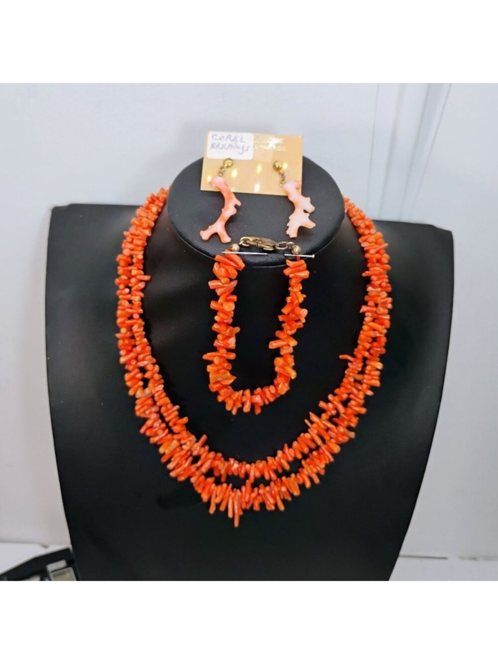 Vtg Branch Coral Jewelry Set Double Strand Choker Necklace, Bracelet & Earrings